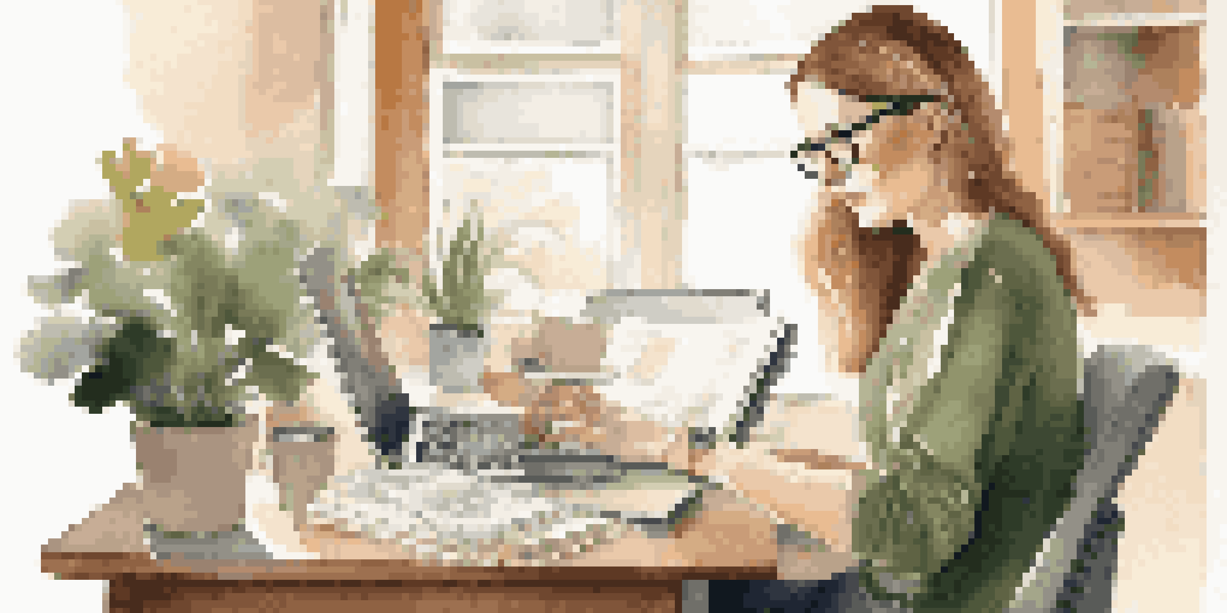 A young woman working on her resume at a desk, surrounded by a notebook, coffee cup, and a plant, illuminated by natural light from a window.