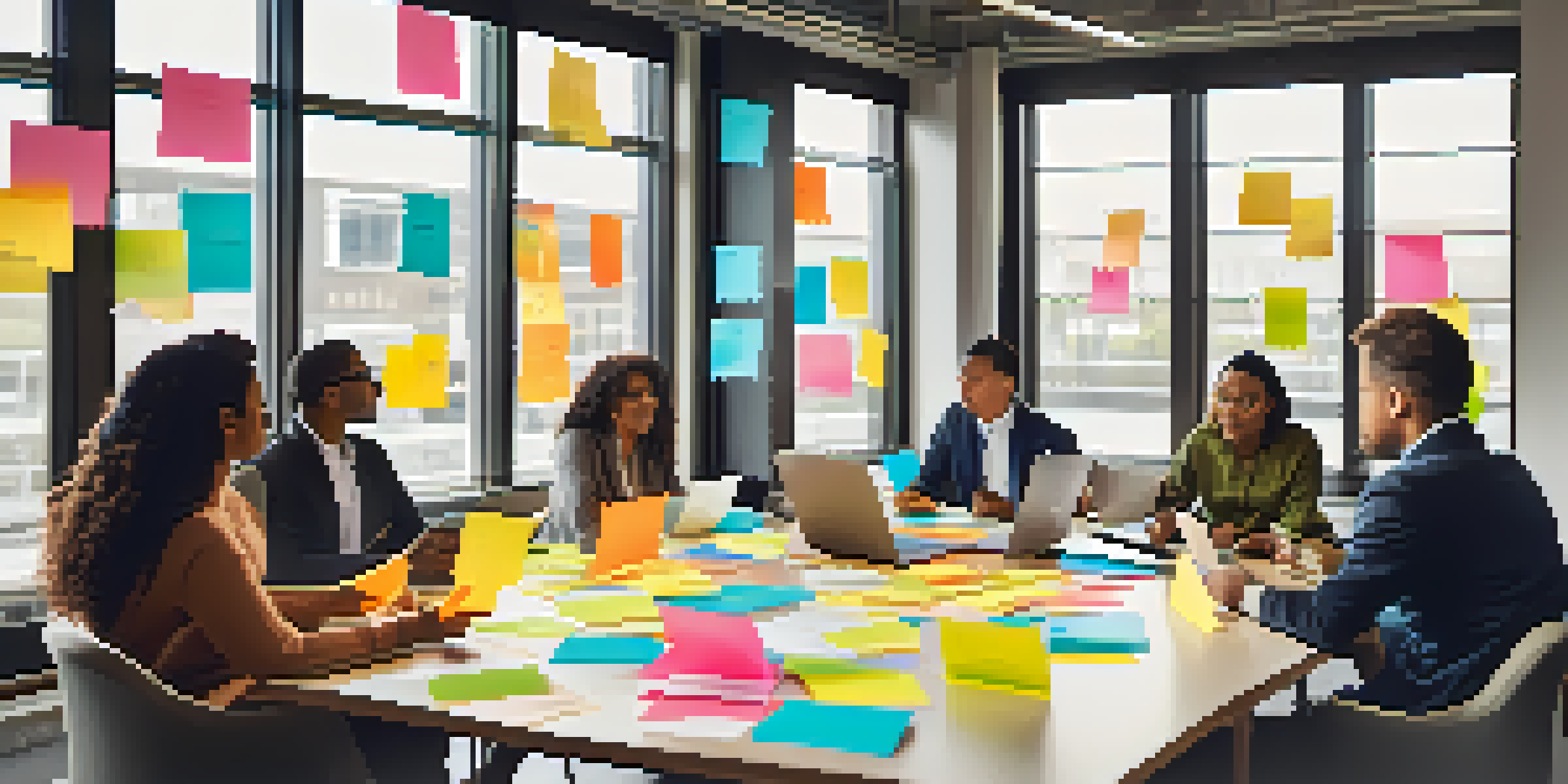 A diverse group of employees in a brainstorming session, surrounded by colorful notes and laptops, in a bright conference room.
