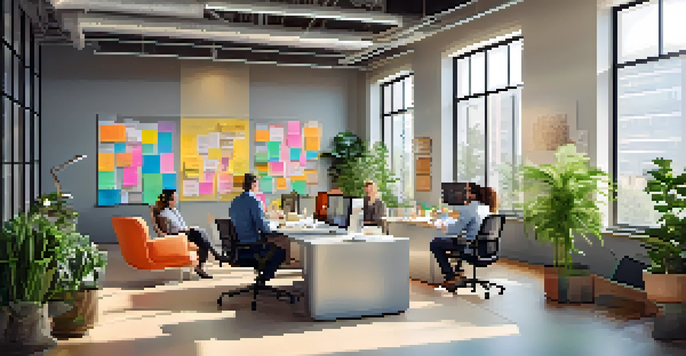 A diverse group of employees collaborating in a bright office space with colorful sticky notes, laptops, and plants.