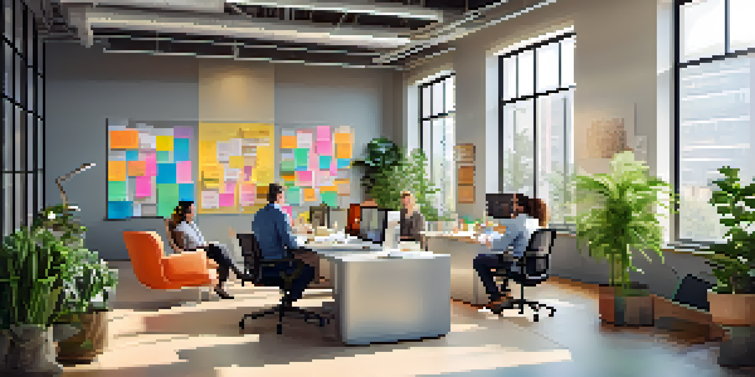 A diverse group of employees collaborating in a bright office space with colorful sticky notes, laptops, and plants.