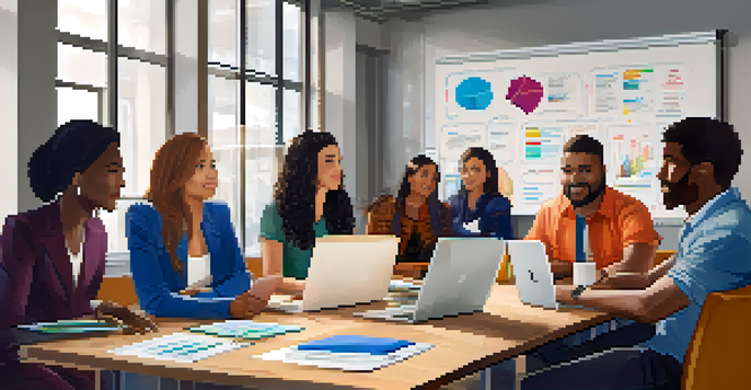 A group of diverse employees having a lively discussion in a bright office meeting room.