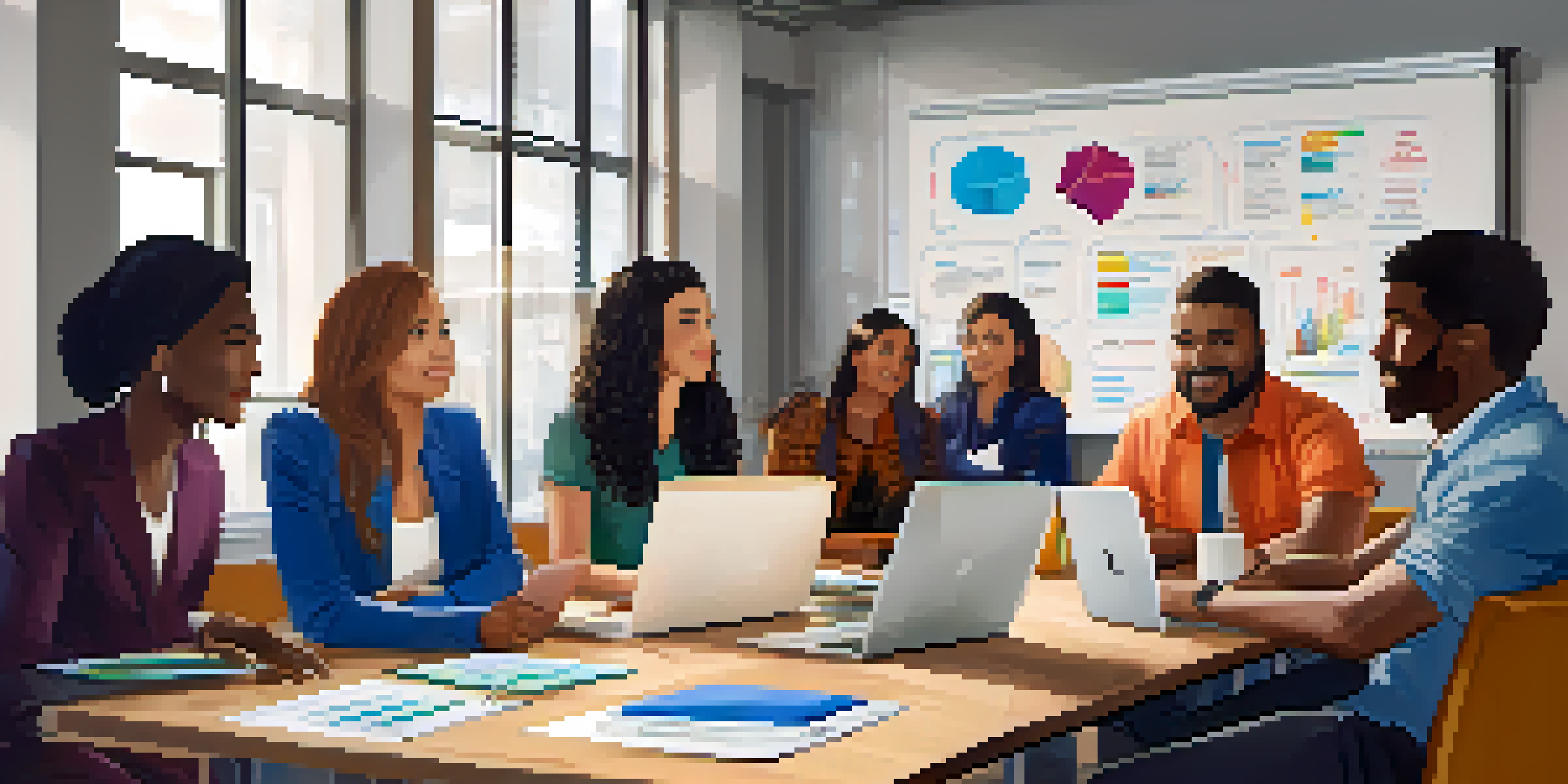 A group of diverse employees having a lively discussion in a bright office meeting room.