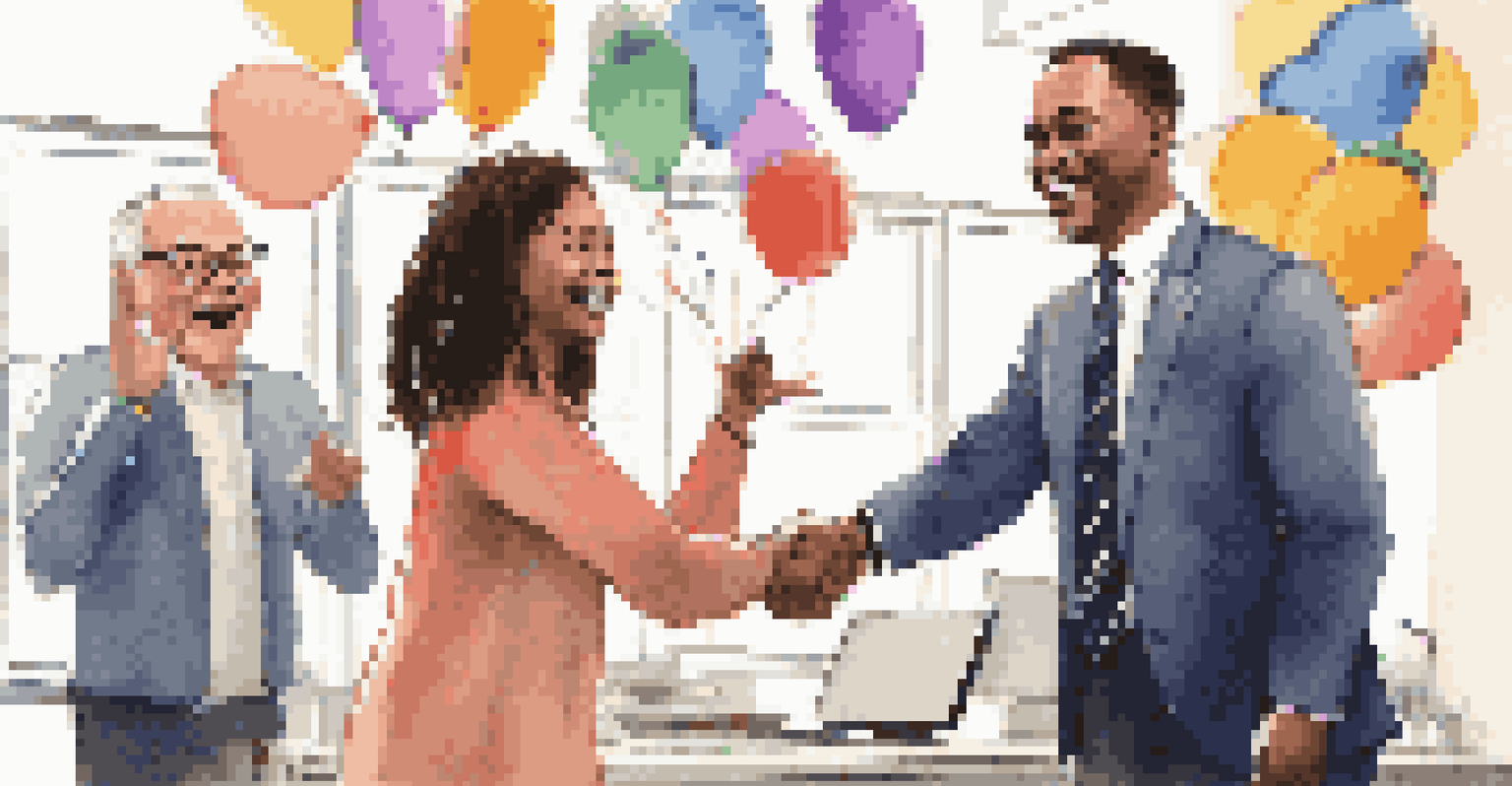 A mentor and mentee celebrating success with a high-five in an office decorated with balloons and a 'Congratulations' banner.