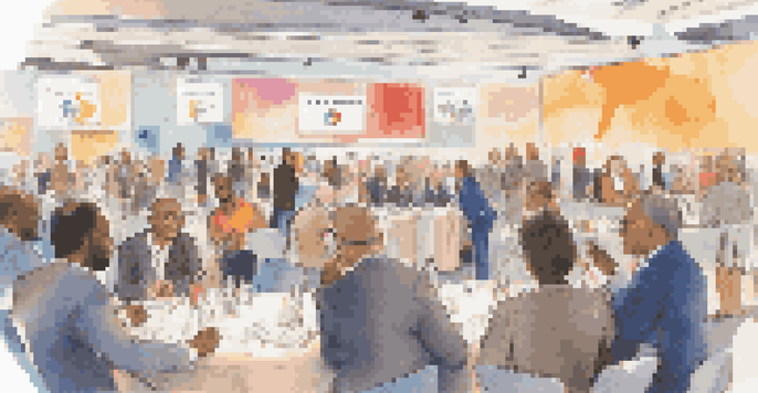 A lively international conference with professionals from different cultures networking and exchanging business cards in a bright, welcoming environment.