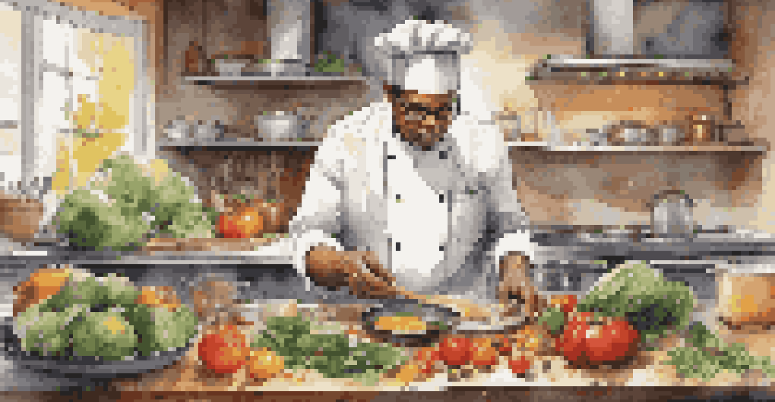 A chef in a modern kitchen multitasking between cooking and checking a phone, surrounded by fresh ingredients.