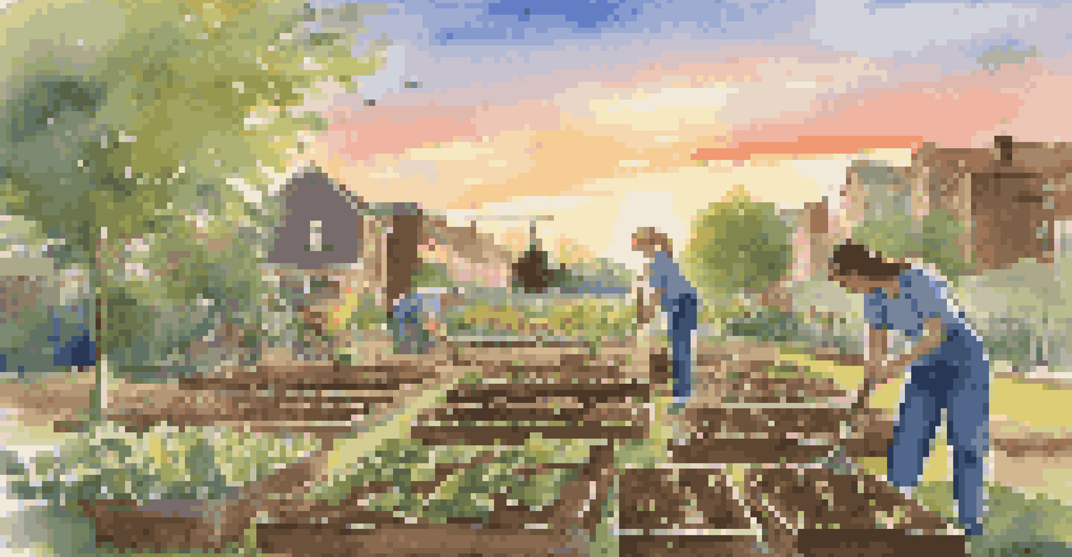A volunteer planting seedlings in a community garden during sunset, surrounded by various plants.