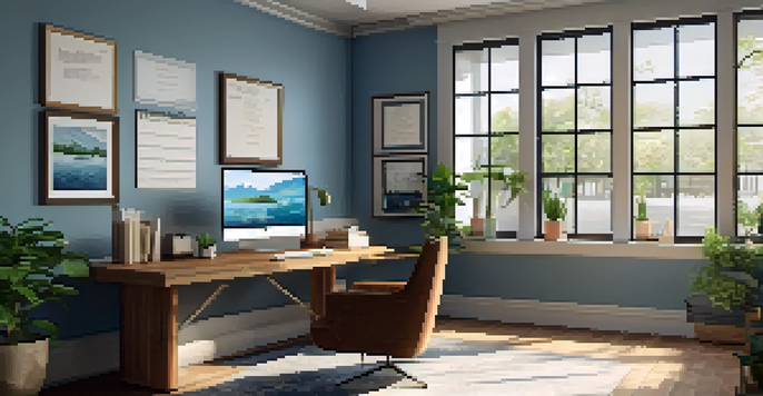 A bright and organized office space with a desk, laptop, and plants, bathed in natural light.