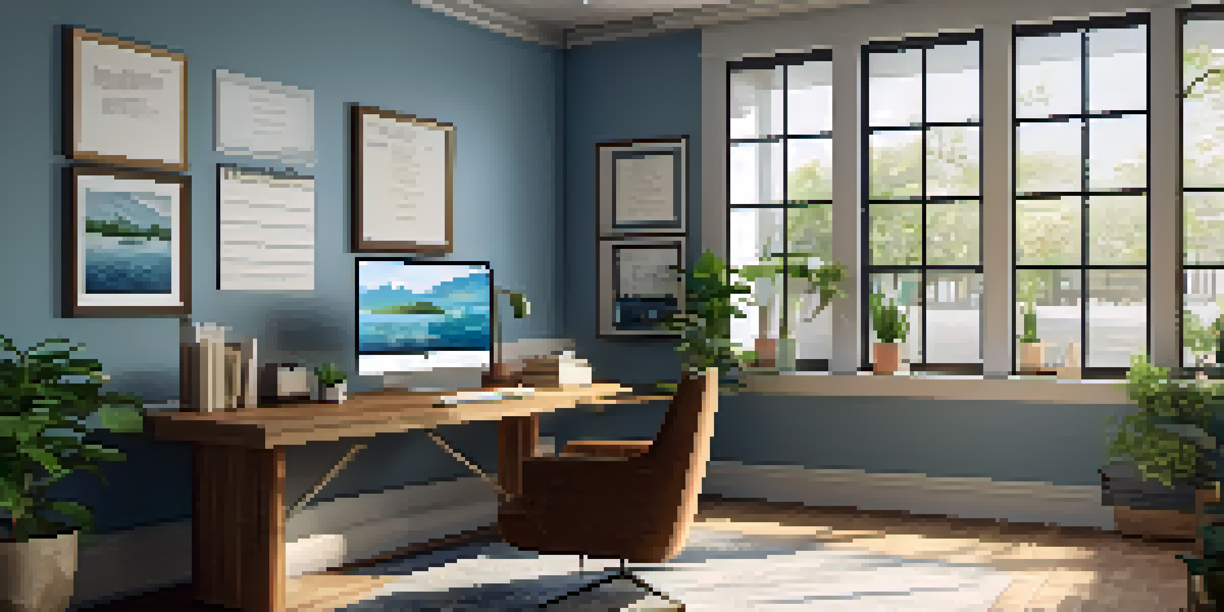 A bright and organized office space with a desk, laptop, and plants, bathed in natural light.