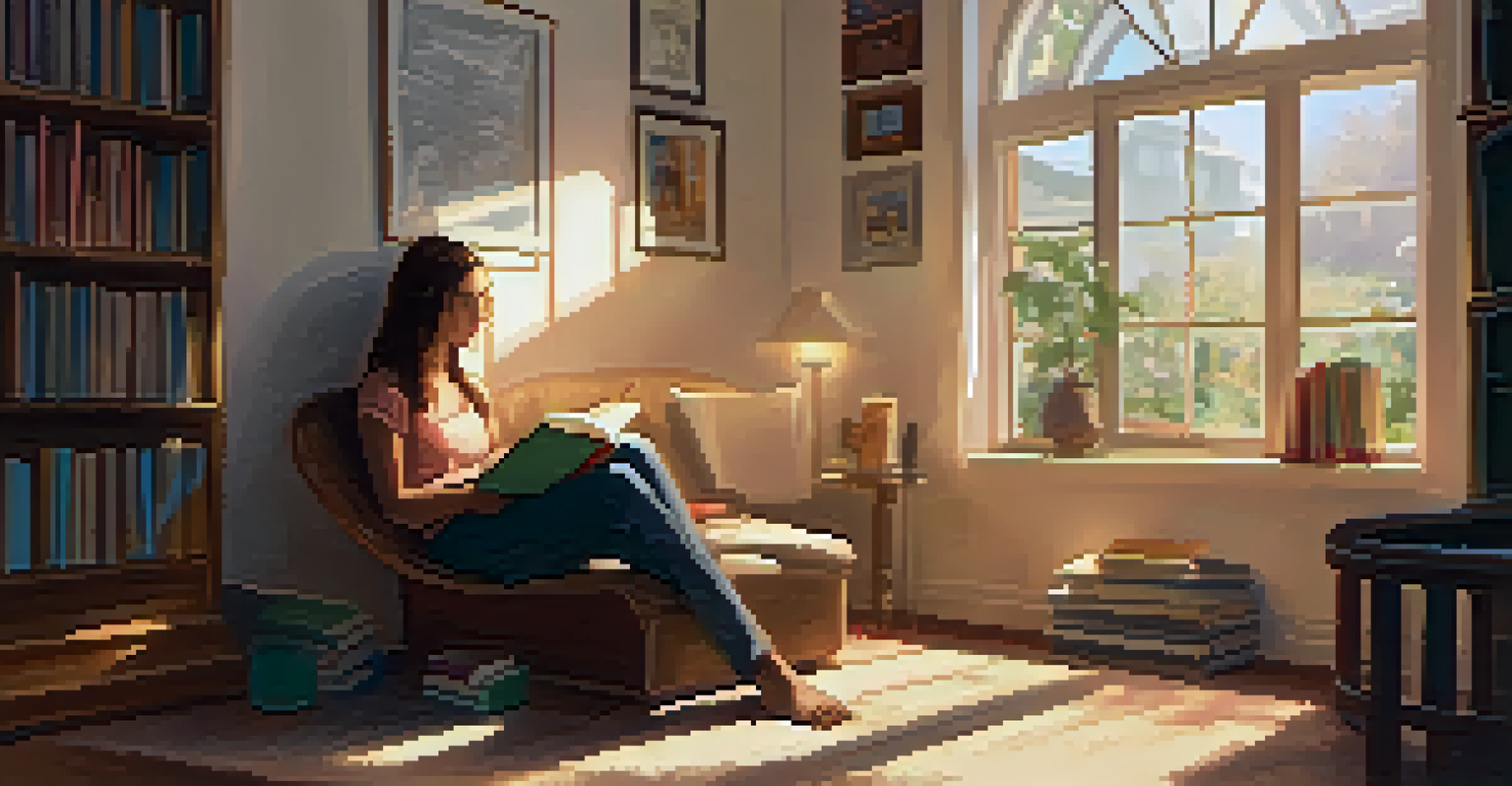 A person in a cozy reading nook, writing in a journal and reflecting on personal goals with soft sunlight filtering in.
