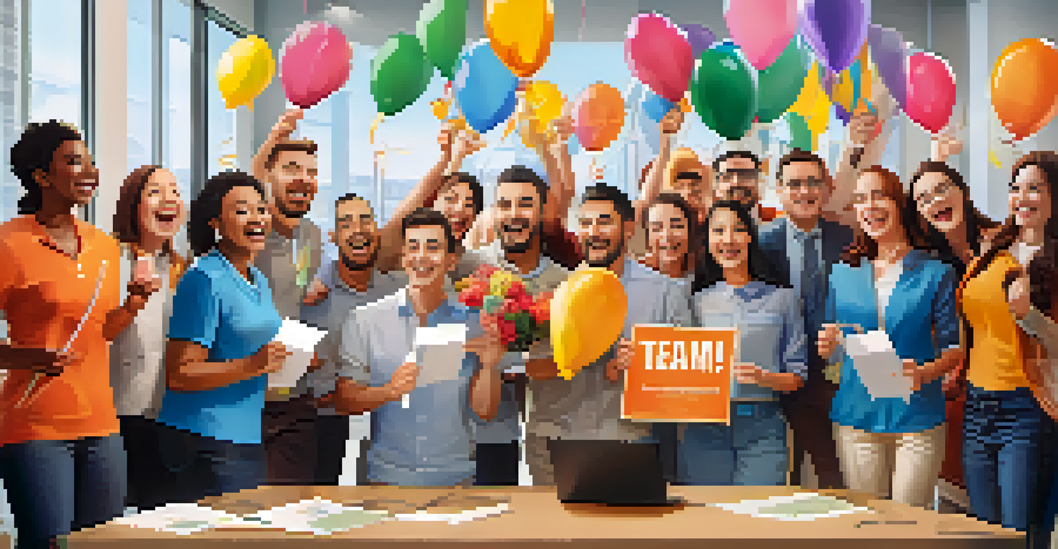 A team celebrating a project milestone in a bright office, holding an award with decorations around them.