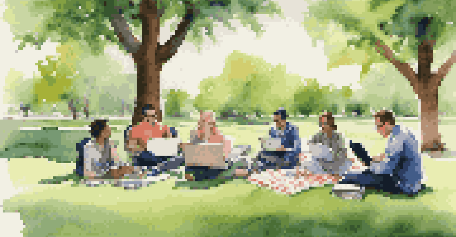 A diverse group of professionals brainstorming on a green lawn, sitting on picnic blankets with laptops and notebooks.
