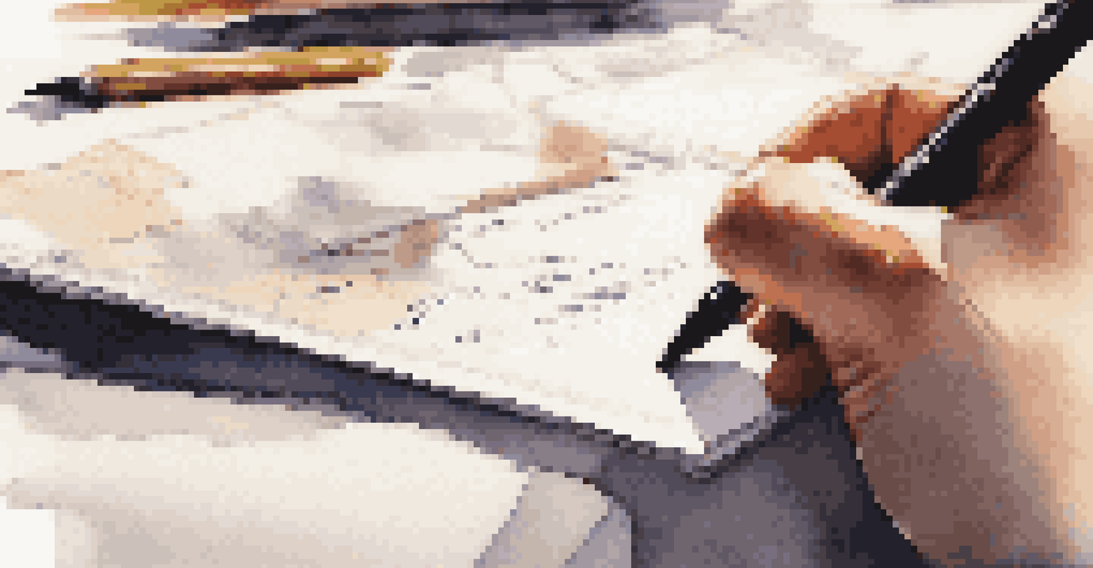 A close-up of a hand writing on a notepad, with colleagues blurred in the background discussing.
