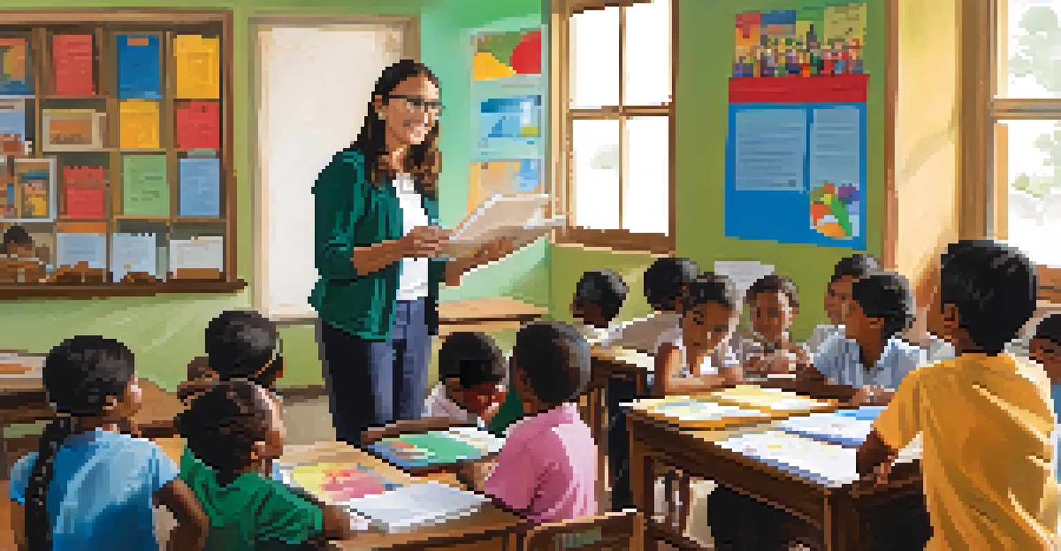 A volunteer teaching enthusiastic children in a colorful classroom filled with educational materials.