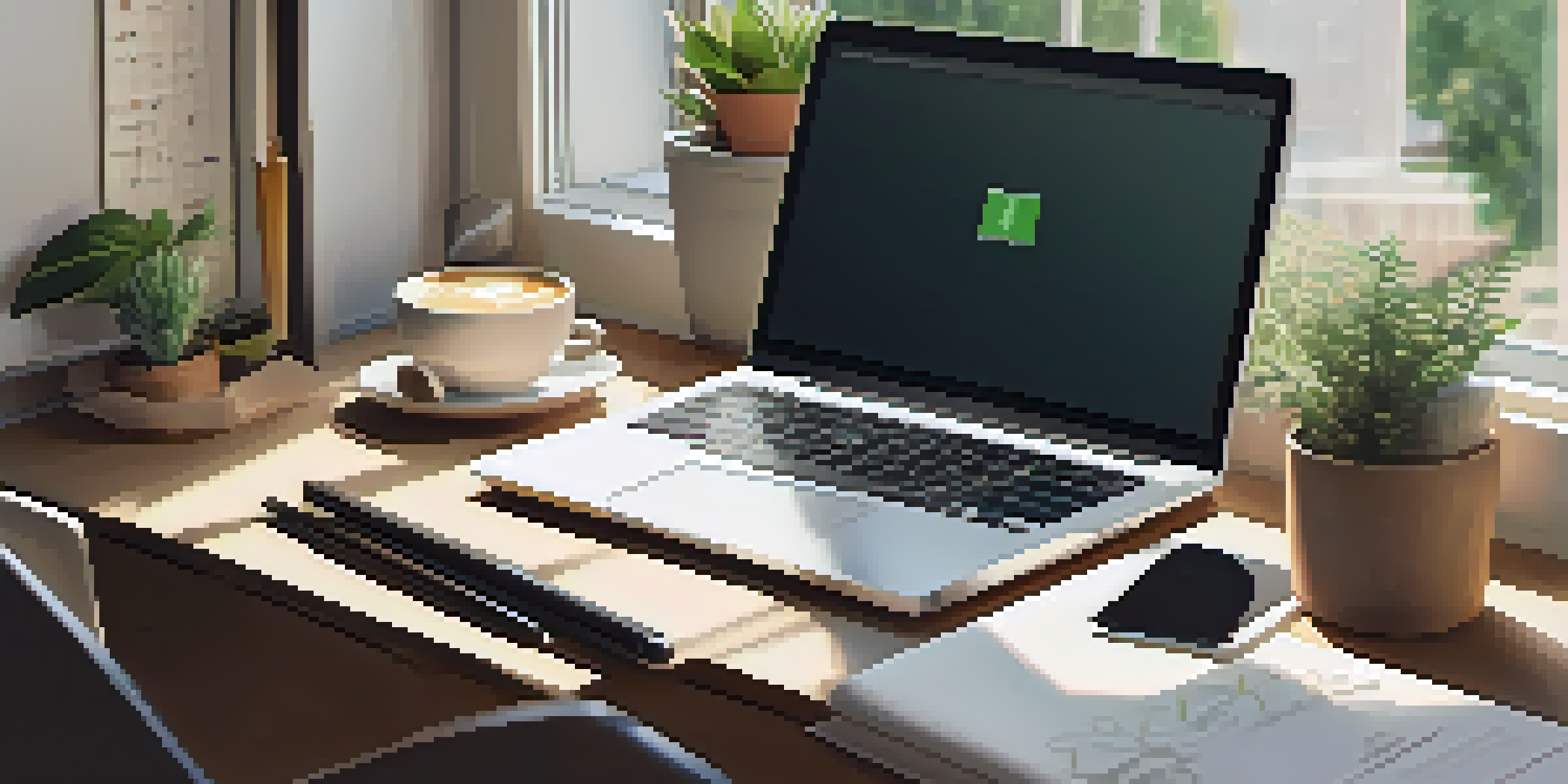 An organized desk with a modern laptop, stationery, and a cup of coffee, illuminated by soft natural light from a window, with greenery in the background.