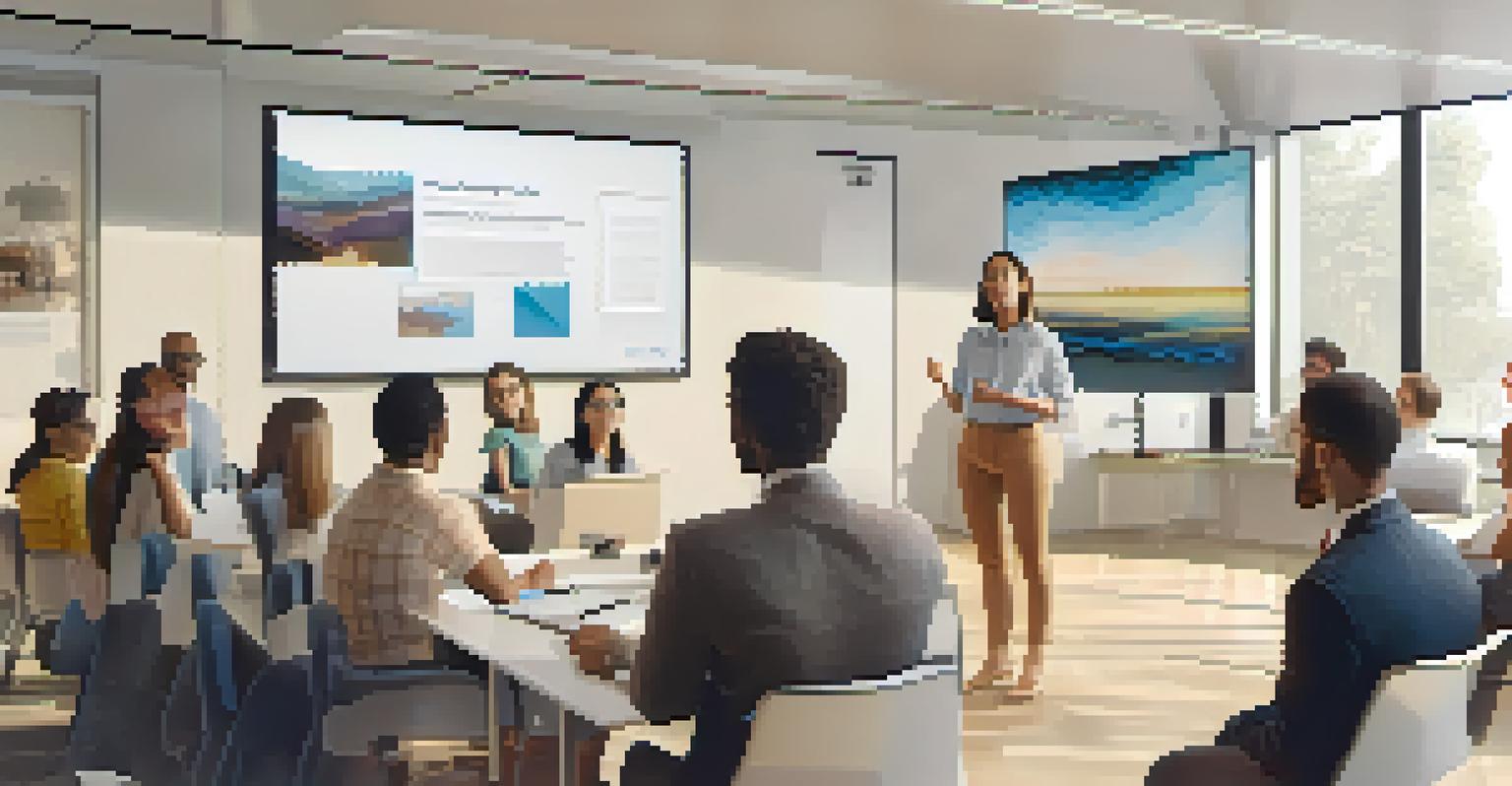 An intern presenting their project to colleagues in a modern office setting.