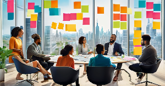 A diverse group of professionals in a bright office brainstorming together with a whiteboard filled with sticky notes.