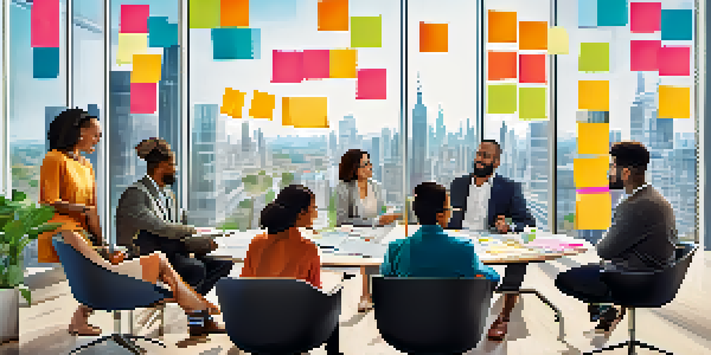 A diverse group of professionals in a bright office brainstorming together with a whiteboard filled with sticky notes.
