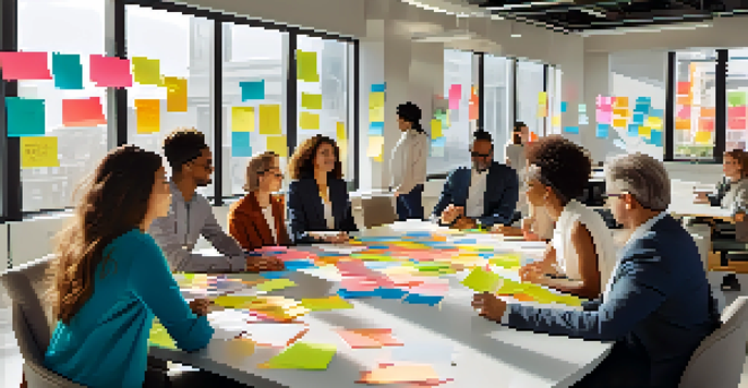 A diverse group of professionals working together in a modern office, engaged in discussion and surrounded by brainstorming materials.