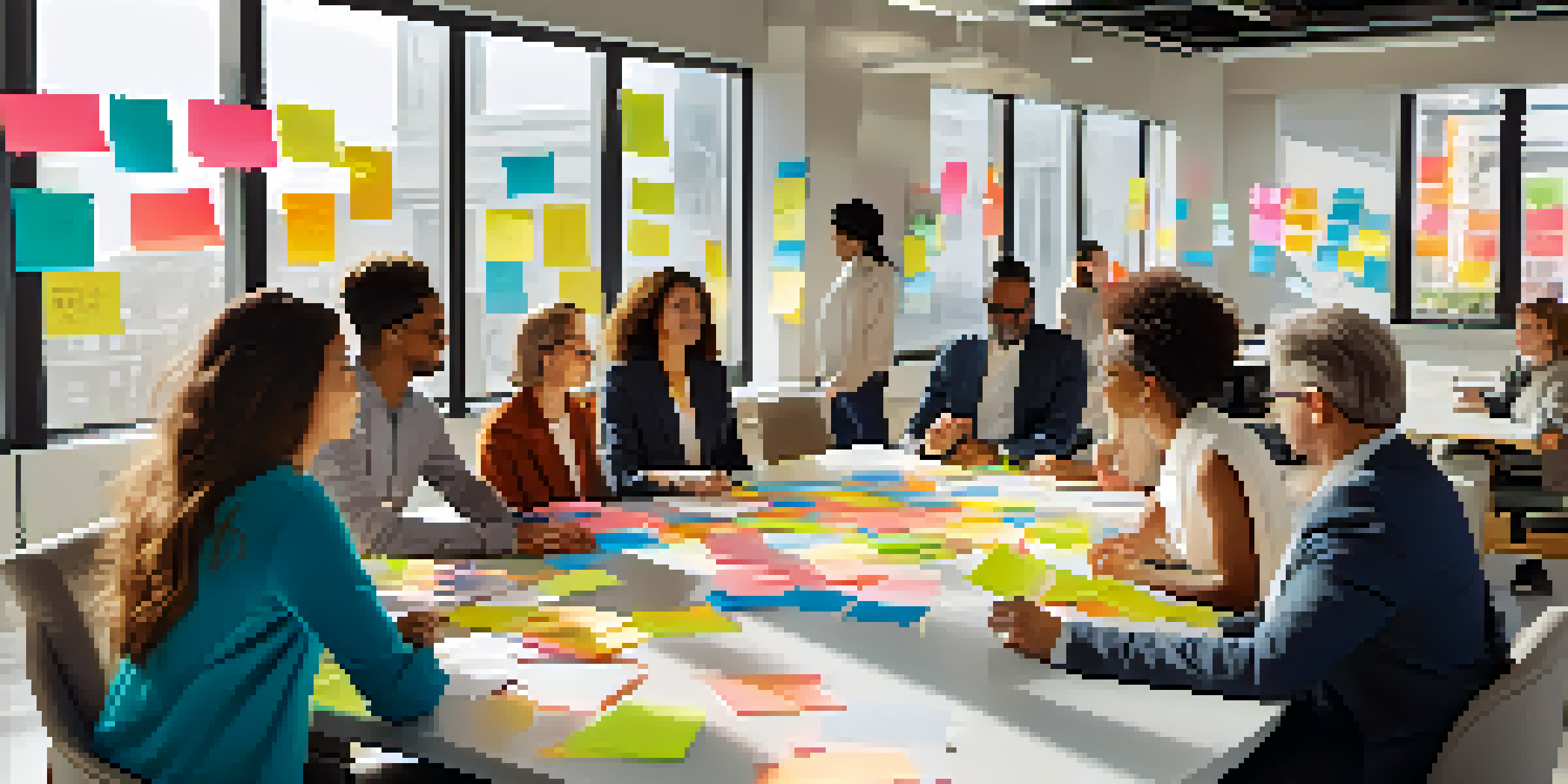 A diverse group of professionals working together in a modern office, engaged in discussion and surrounded by brainstorming materials.