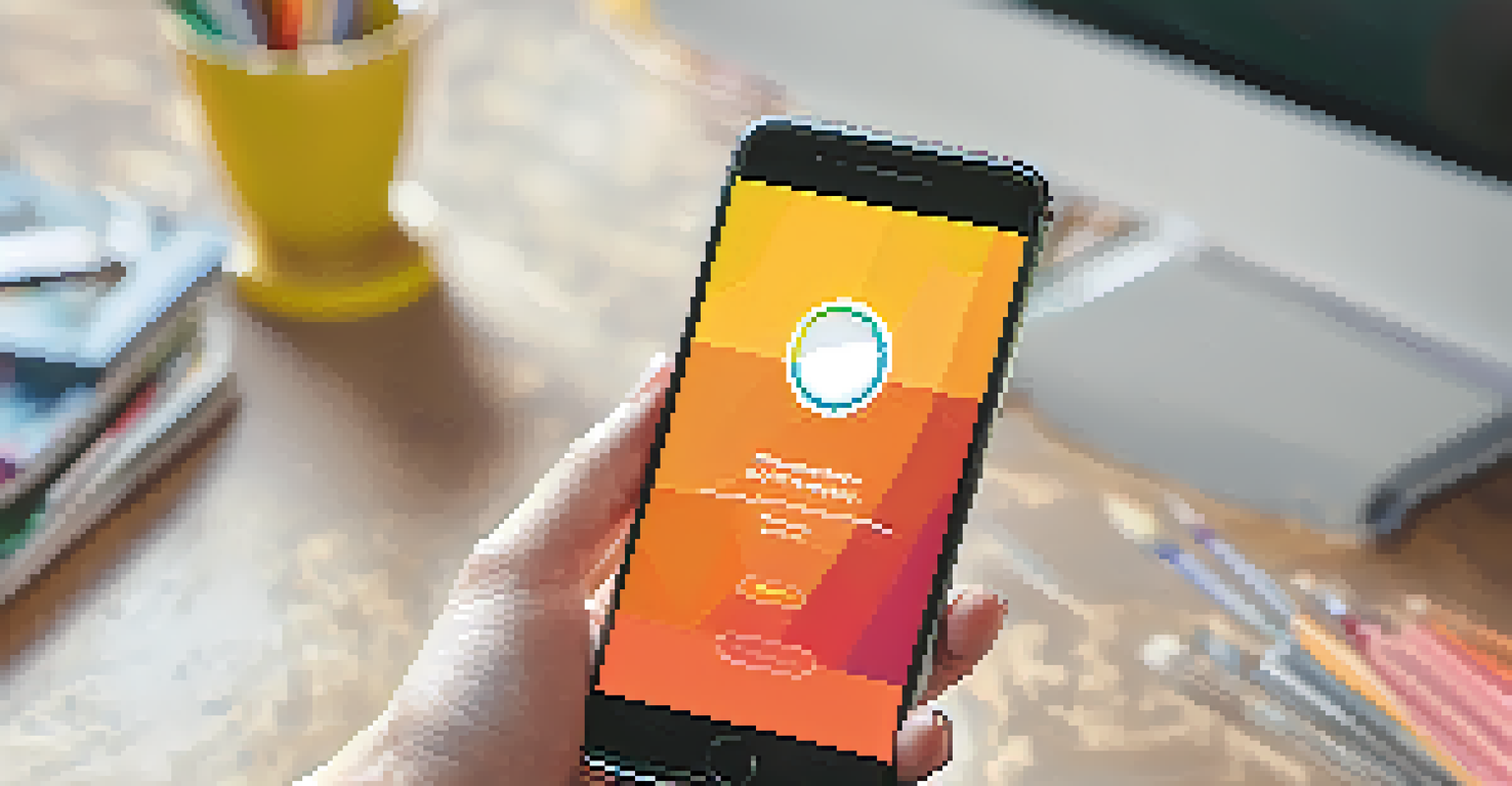 A close-up of a hand using a smartphone to view a colorful portfolio website, set against an artistic workspace background.