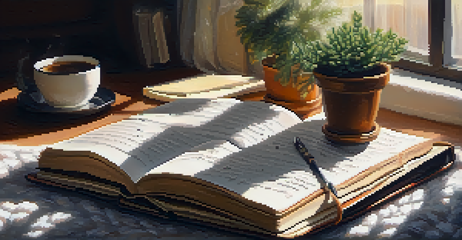 A person journaling in a cozy space with a cup of tea and warm lighting.