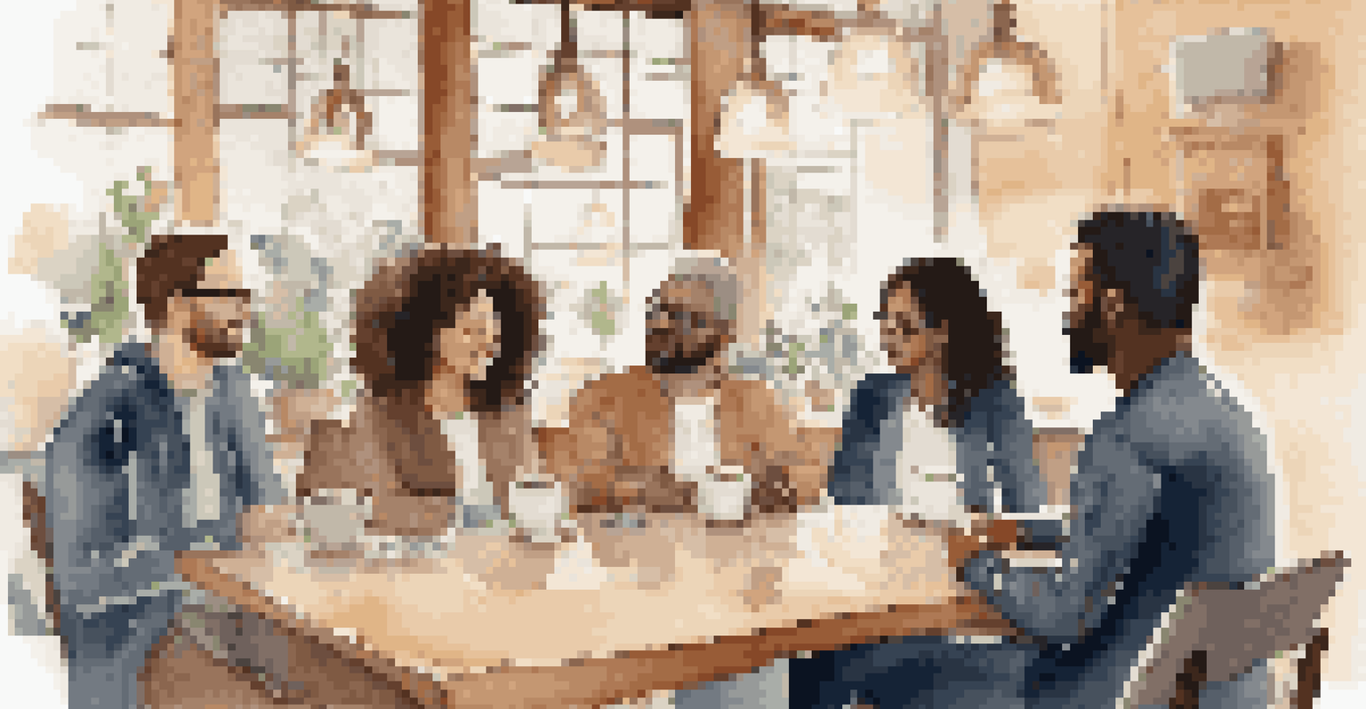 A diverse group of professionals in a coffee shop, discussing experiences and supporting each other in overcoming imposter syndrome.