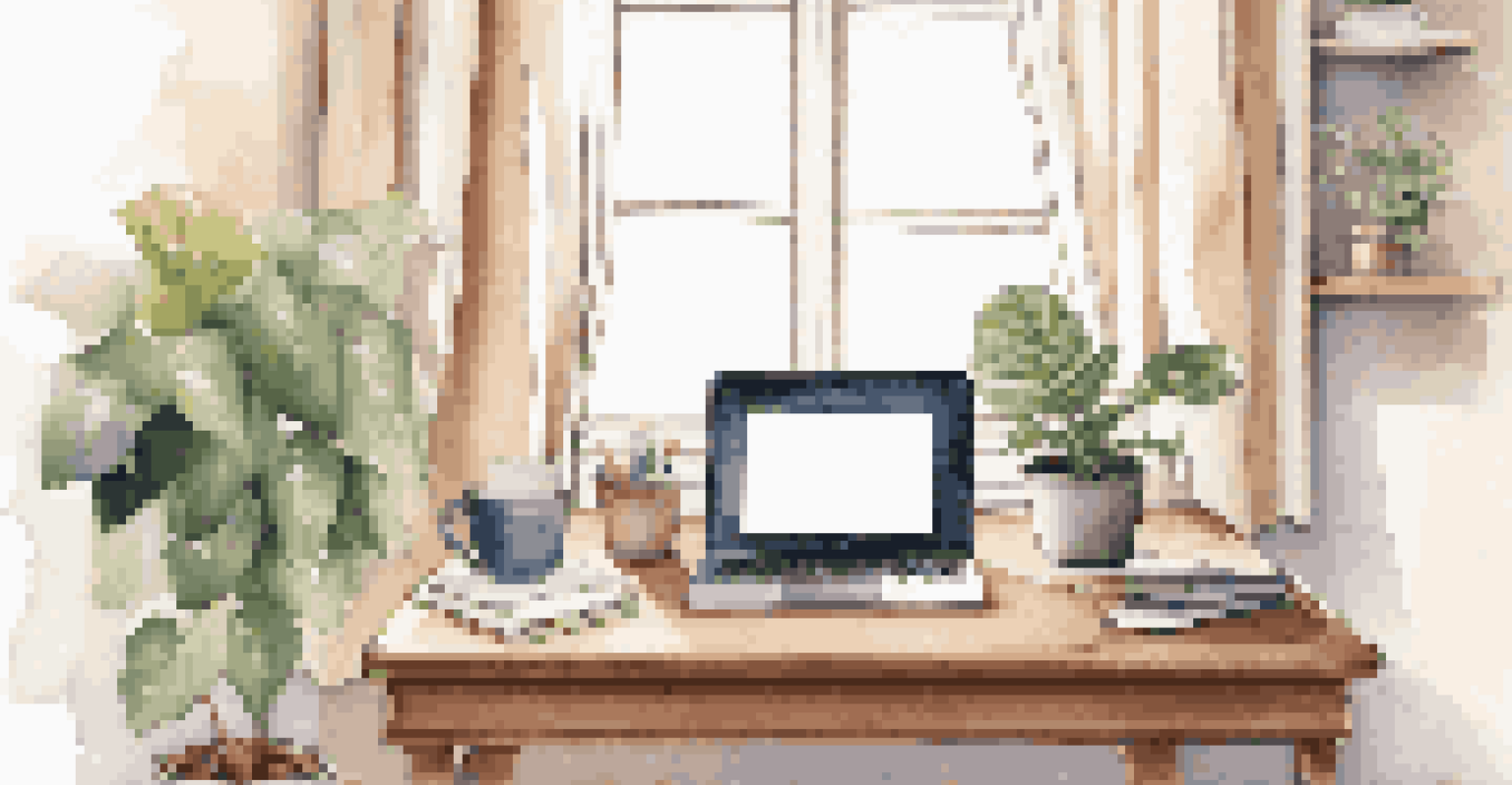 An inviting workspace with a laptop, notepad, and plant on a desk, bathed in sunlight, with a motivational quote on the wall.