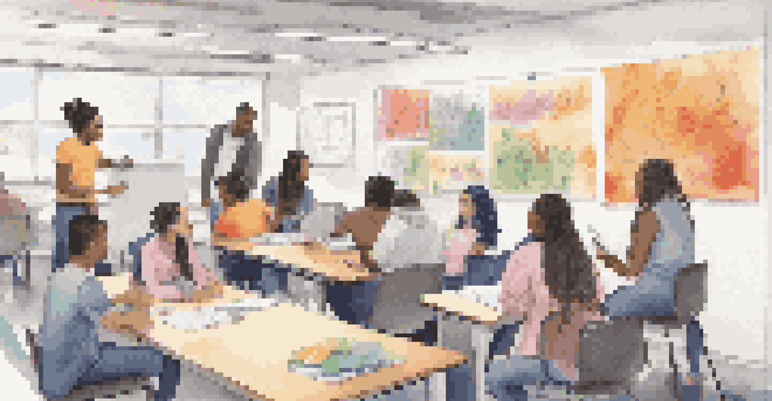 A diverse group of students working together on a project in a lively classroom environment.
