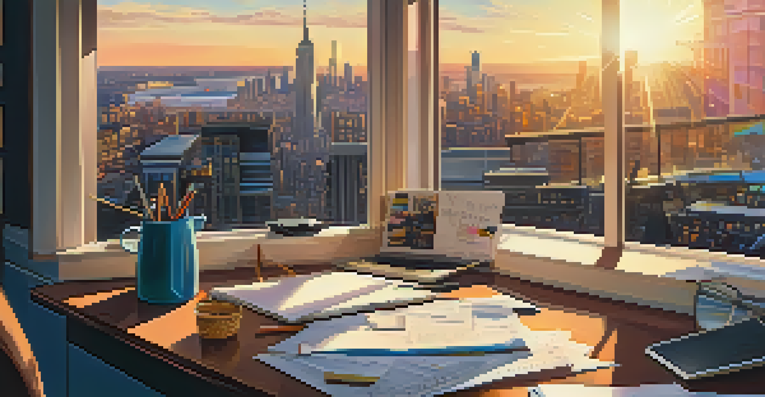 A workspace with a desk full of notes and a vision board, with a city skyline visible through a window at sunset, representing ambition and career goals.