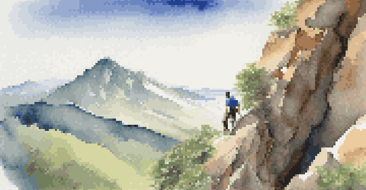 A climber ascending a mountain step by step, with a clear blue sky and a distant peak in the background, showcasing determination and focus.