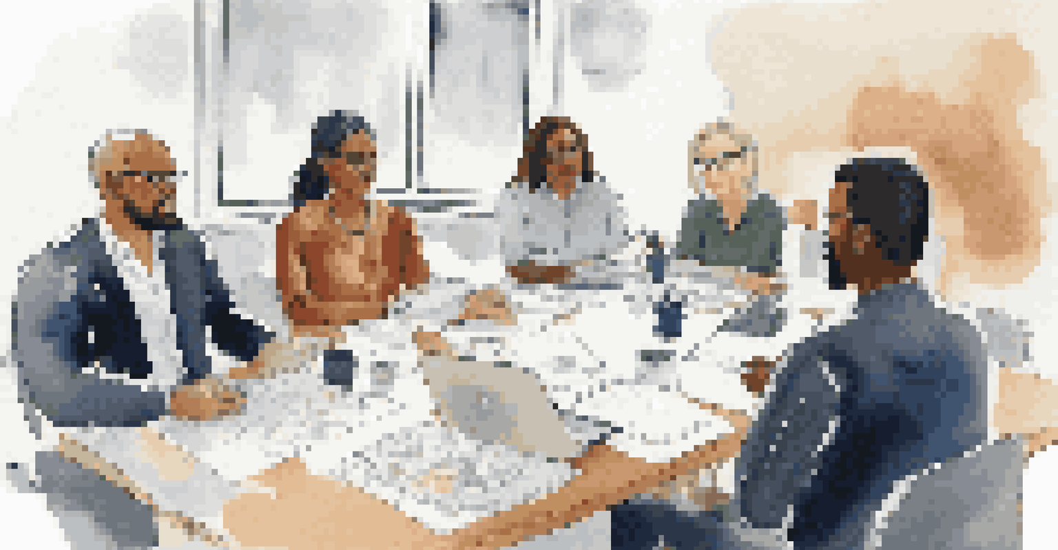 A diverse group of professionals participating in a career coaching workshop, seated around a table with papers and laptops.