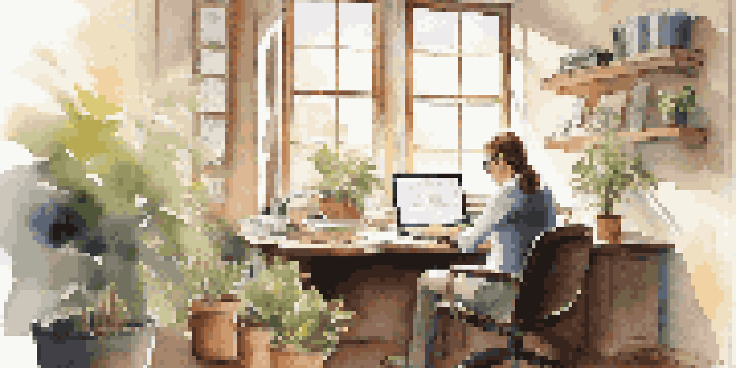 A mid-career professional sitting at a wooden desk, working on a career action plan with a laptop, papers, a cup of coffee, and a potted plant.