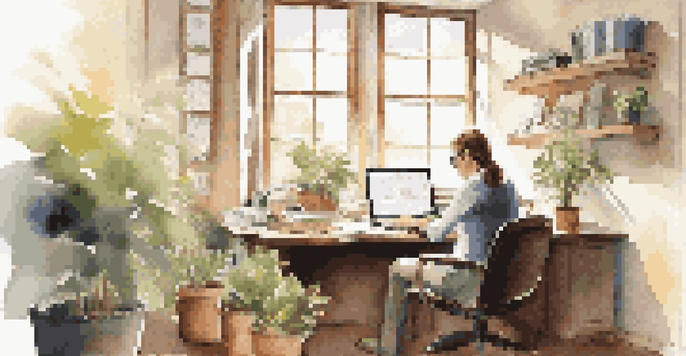 A mid-career professional sitting at a wooden desk, working on a career action plan with a laptop, papers, a cup of coffee, and a potted plant.