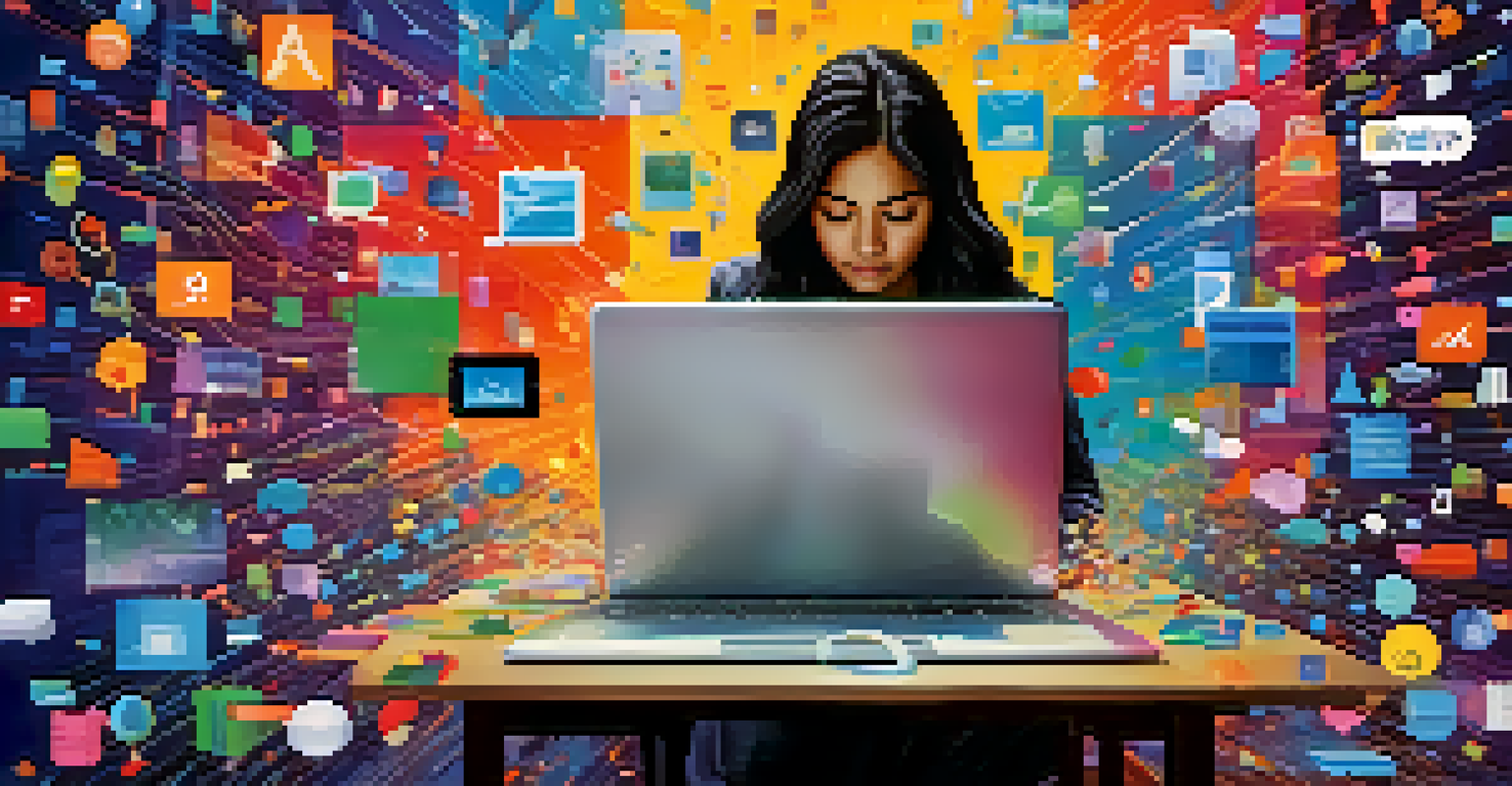 An illustration of a person using a laptop, surrounded by floating icons of digital tools, symbolizing digital literacy and empowerment.