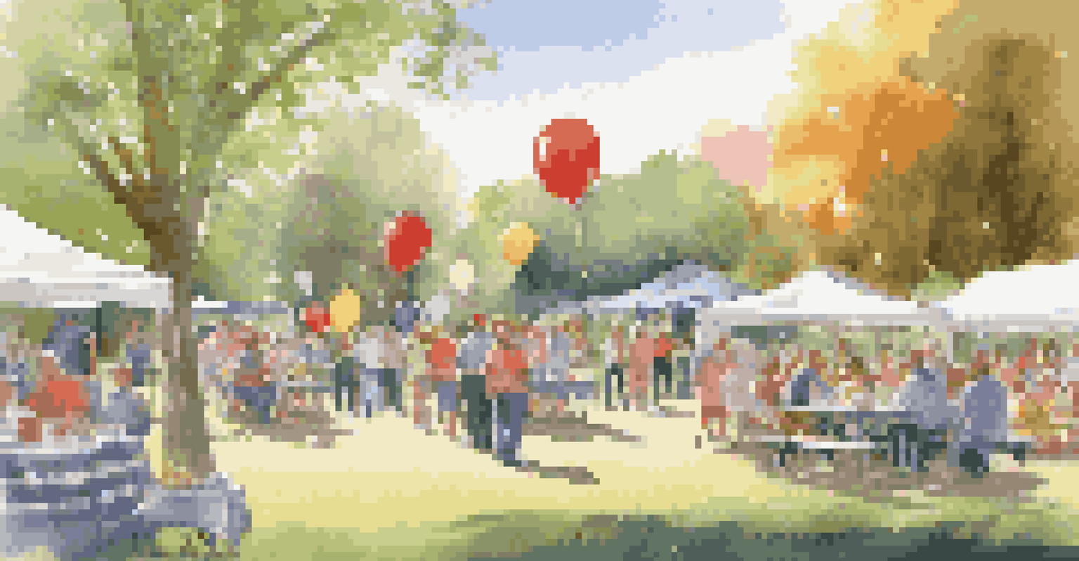 Volunteers setting up a charity event in a park with tables and balloons, while families enjoy activities in the background.