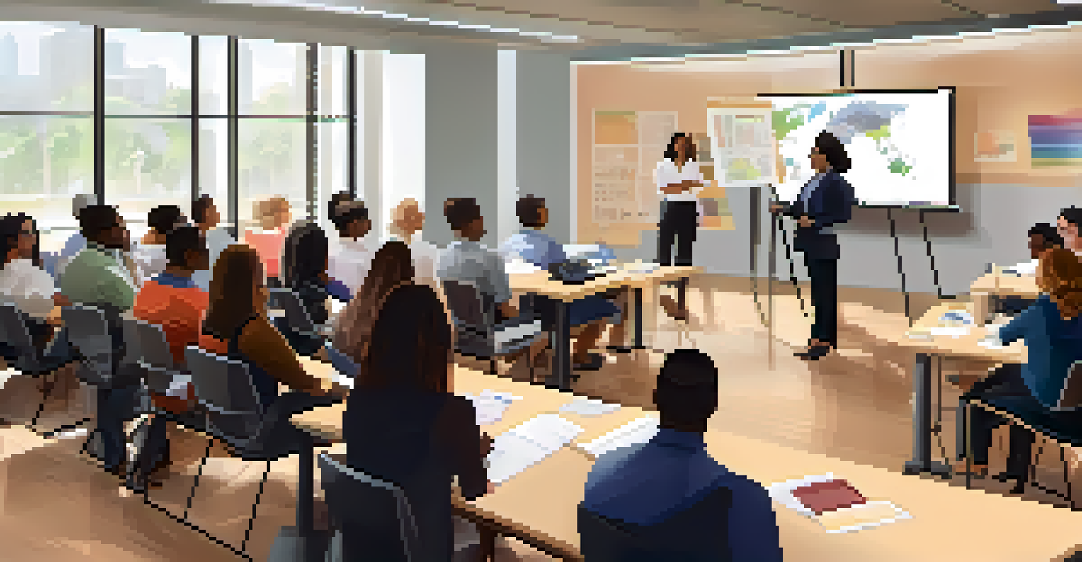 An inclusive corporate training session with diverse employees engaged in a workshop, listening to a speaker, and surrounded by visual aids.