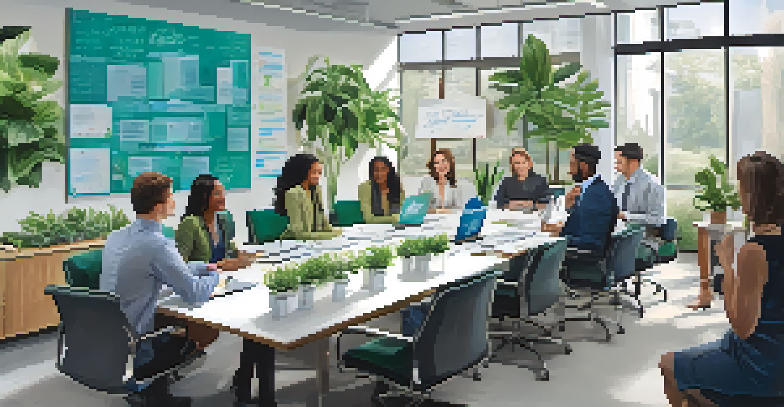 A diverse group of employees in a meeting around a conference table in a well-lit office.