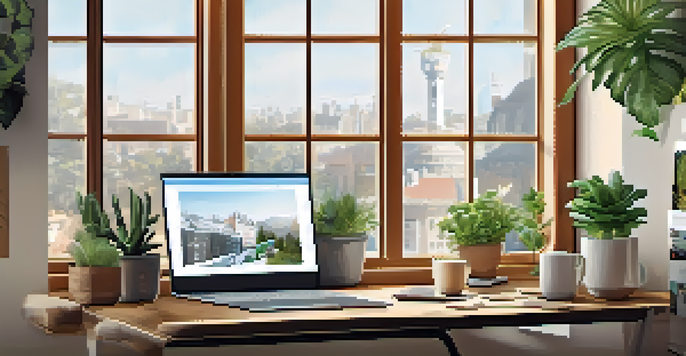 A peaceful modern workspace with a desk, laptop, plants, and coffee mug, illuminated by natural light.