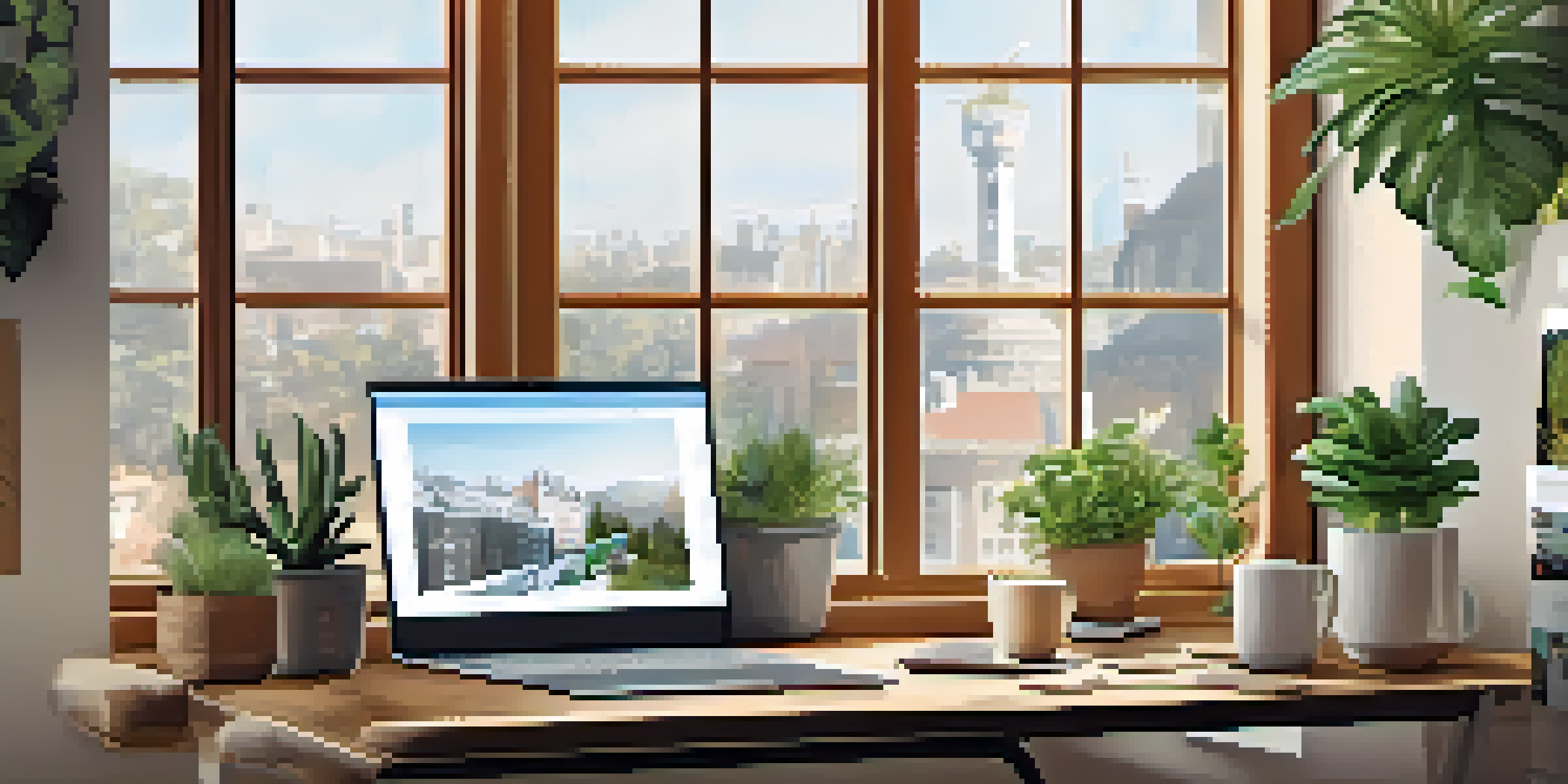 A peaceful modern workspace with a desk, laptop, plants, and coffee mug, illuminated by natural light.