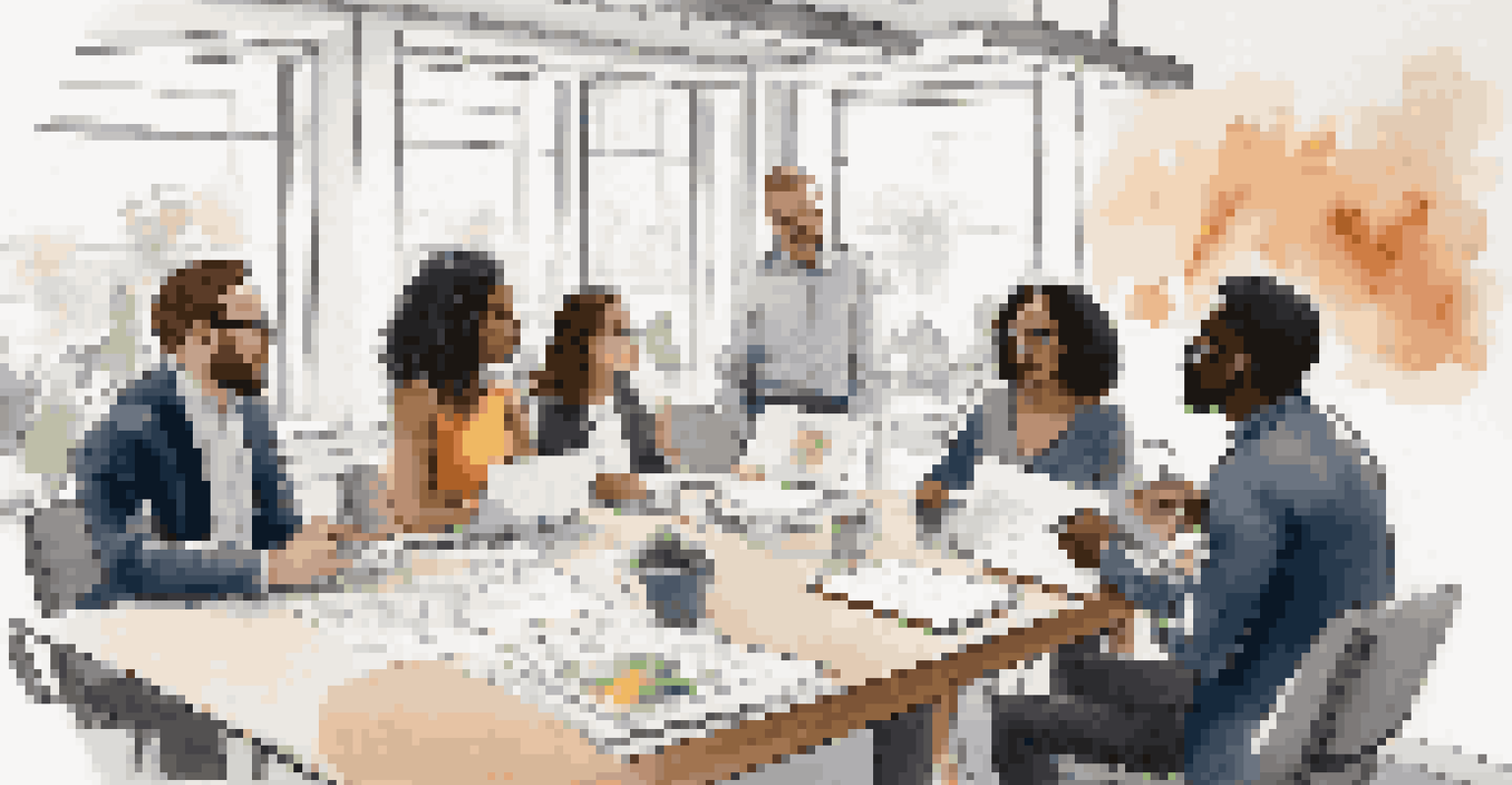A group of diverse professionals discussing ideas around a table in a collaborative office setting.