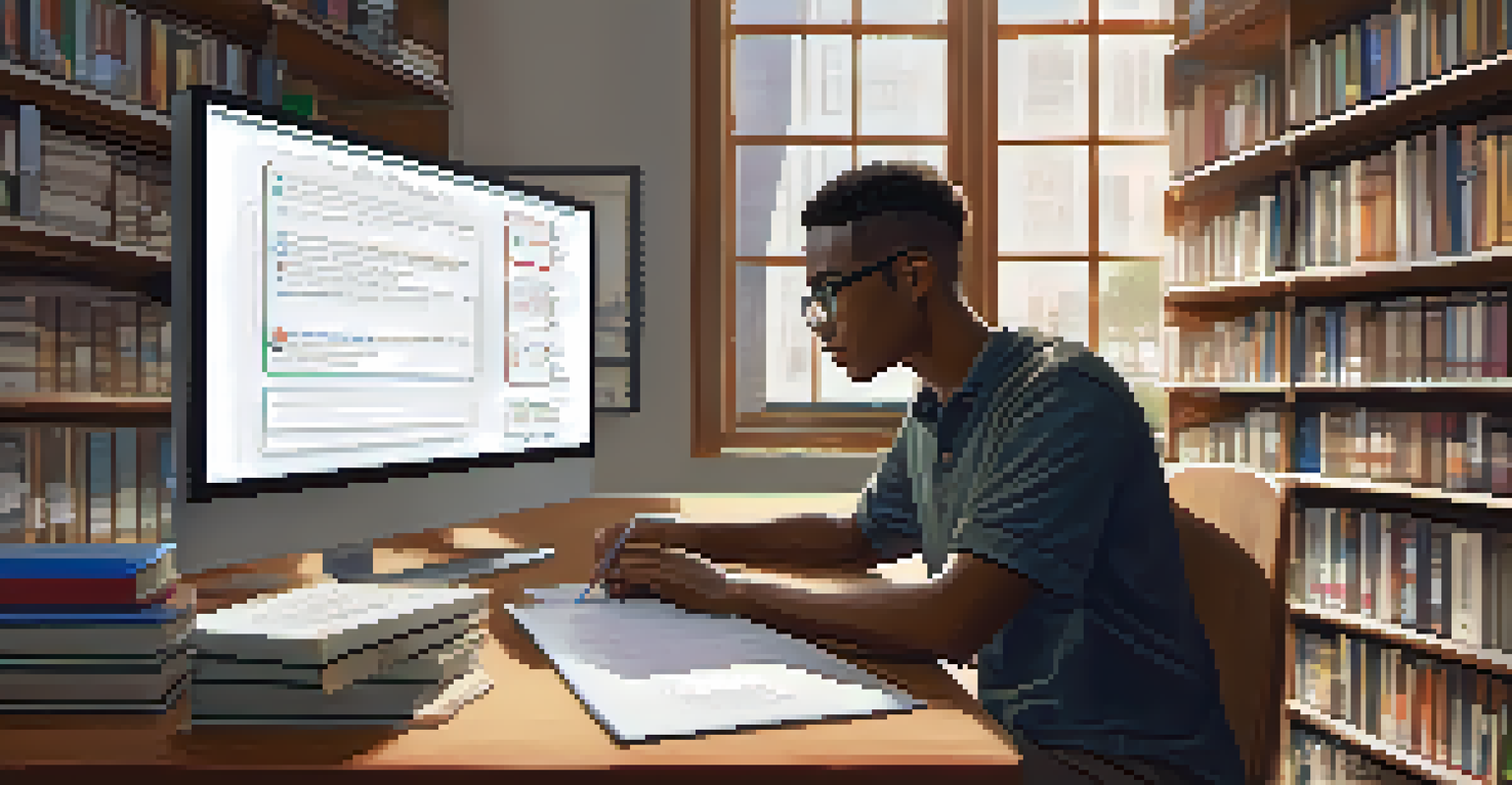 A person studying on a computer with books and a notepad in a learning environment.