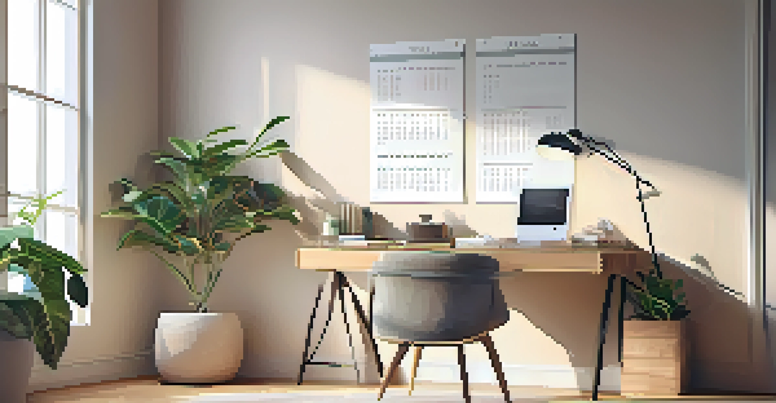 A cozy workspace with a laptop, a plant, and a coffee mug, emphasizing a healthy work-life balance.
