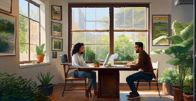 A career coach and client in a warm, inviting office, engaged in conversation, with plants and motivational posters around them.