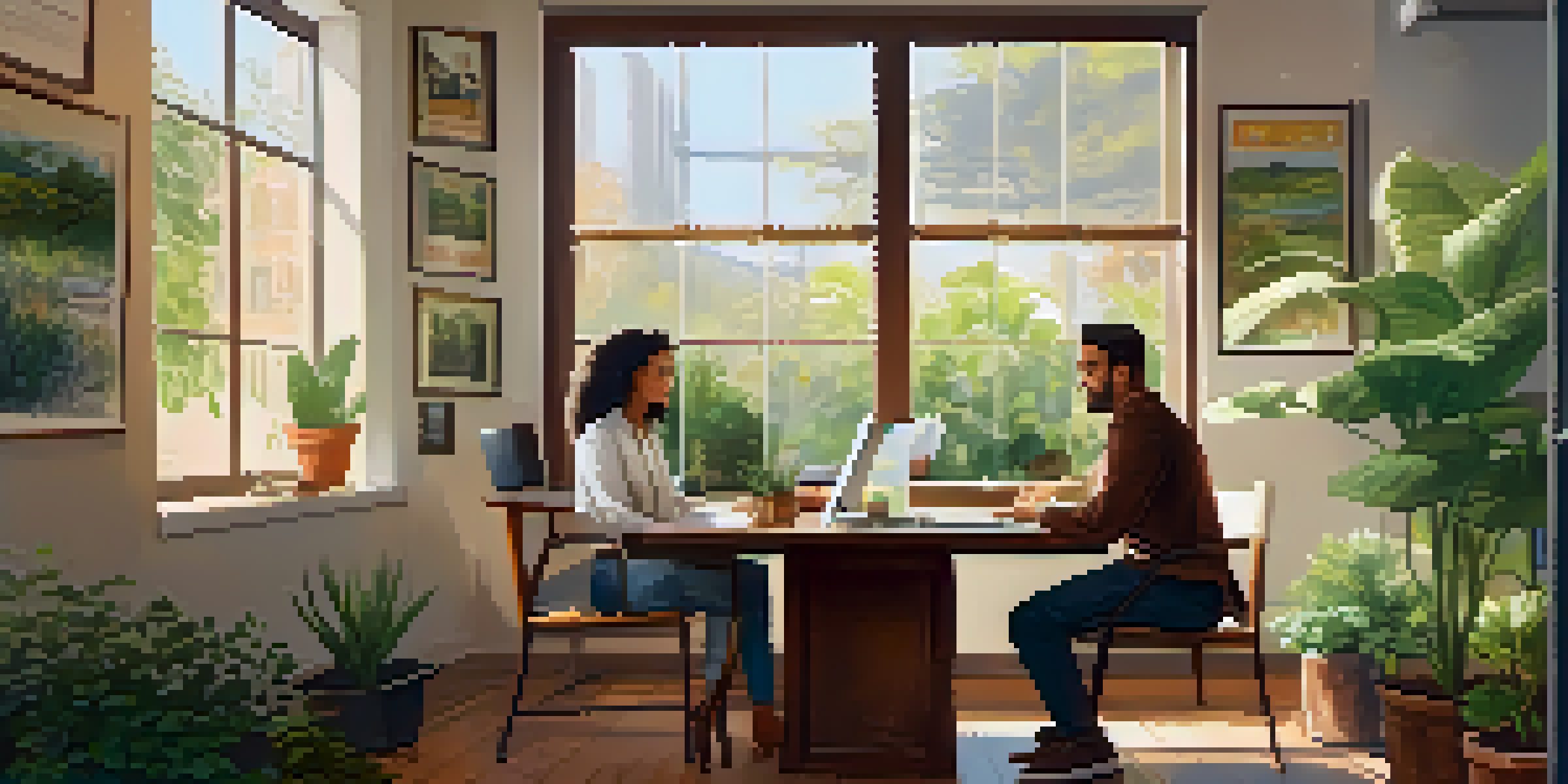 A career coach and client in a warm, inviting office, engaged in conversation, with plants and motivational posters around them.