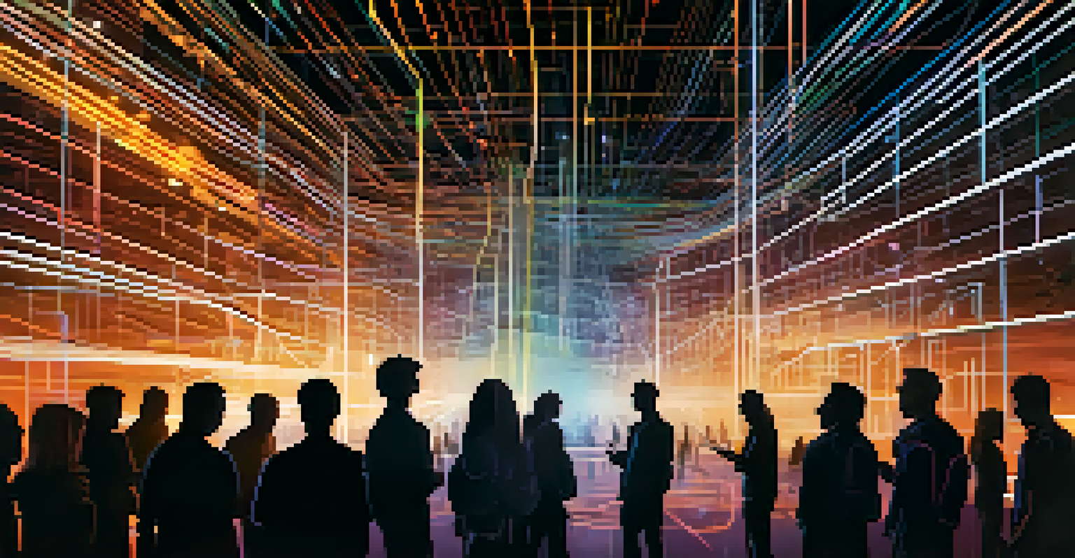 An abstract depiction of a digital platform connecting gig workers and clients through a glowing network.