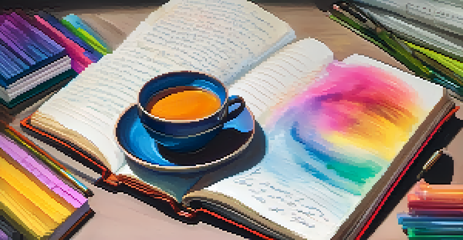 A hand writing in a journal with colorful stationery and a mug of tea nearby, showcasing handwritten goals and reflections in a cozy setting.