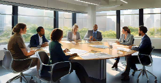 A diverse group of professionals collaborating in an office setting, displaying empathy and understanding during a discussion.