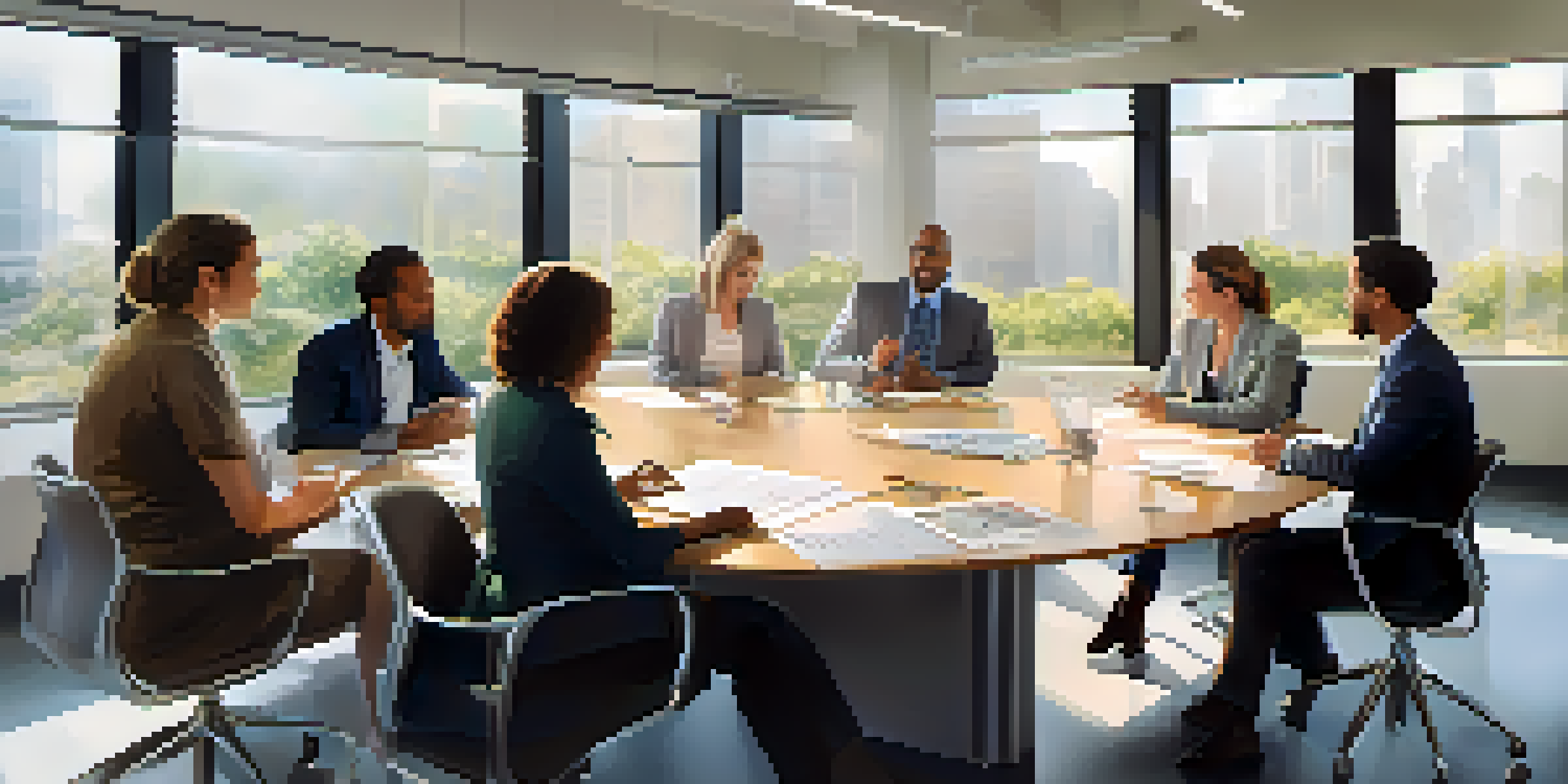 A diverse group of professionals collaborating in an office setting, displaying empathy and understanding during a discussion.