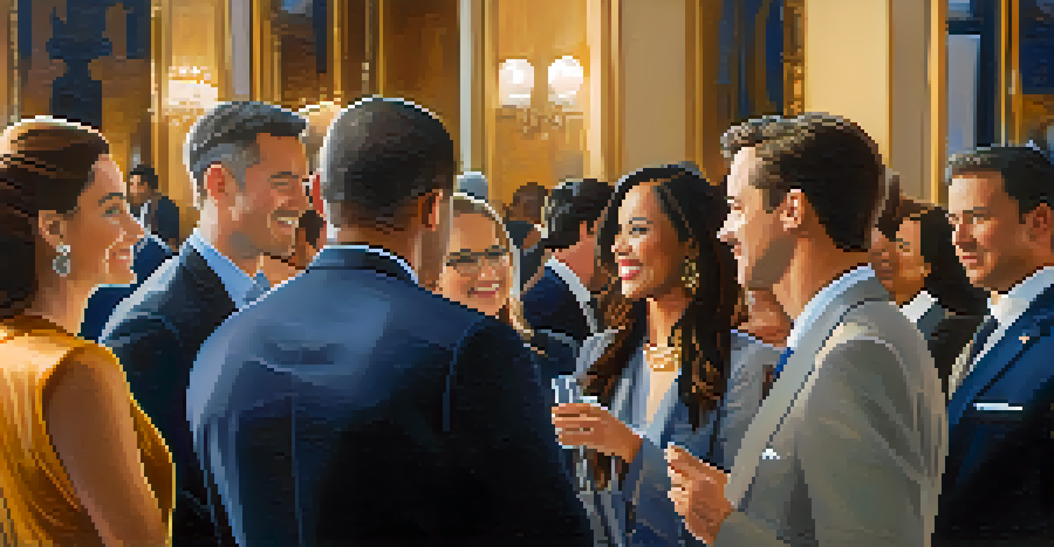A diverse group of professionals networking at an elegant event, highlighting interaction and connection.