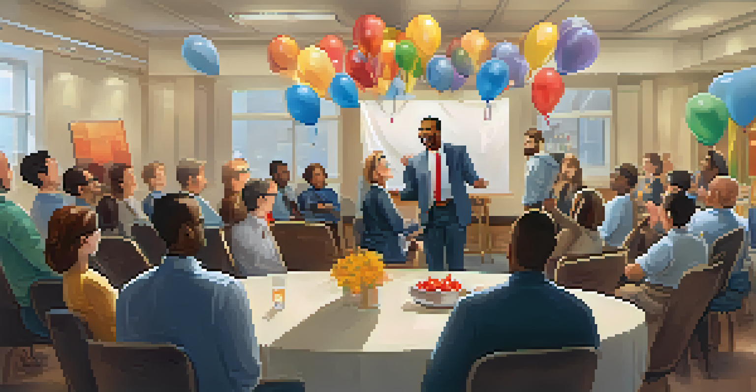 A manager presenting an award to an employee in a decorated conference room, with balloons and a 'Congratulations!' banner. Team members applaud in the background, highlighting a culture of recognition.